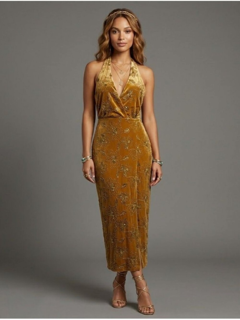 Zara Maxi Dress Women's S Gold All-Over Embellishment Halterback Dress